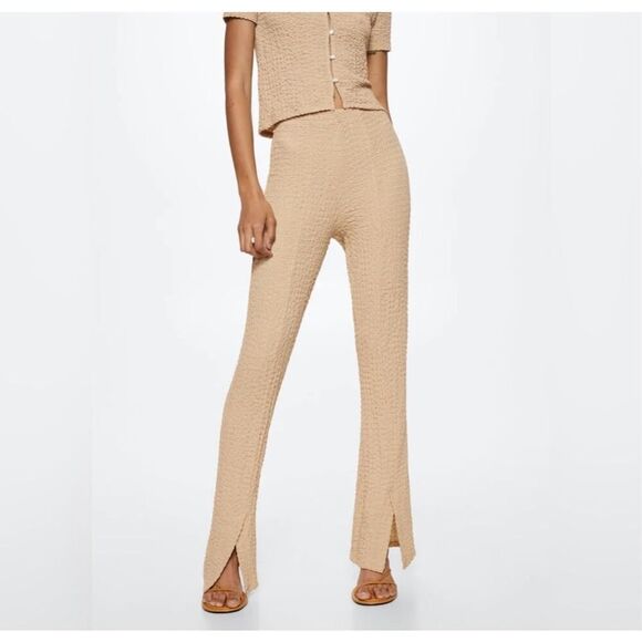 MNG Mango Opening Texture Trousers Slit Hems Flared Leg Pant Tan Women’s S Beach - Picture 1 of 12